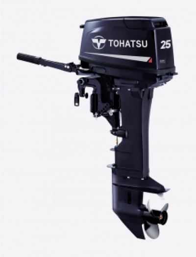 25HP Tohatsu Long Shaft Manual Start Tiller 2-Stroke Outboard Motor with 25L Tank & Line for COMMERCIAL / SAFETY BOAT USE ONLY image