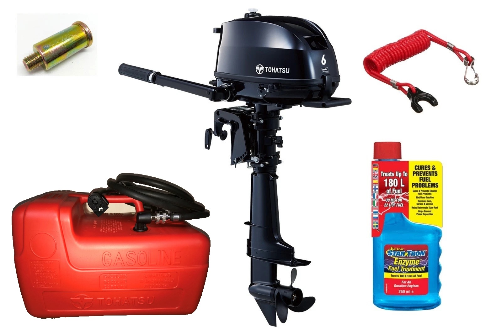 6HP Tohatsu Short Shaft 4-Stroke Outboard Motor with 12 Litre External Fuel Tank Latest Model with Extra Carry Handle & Store 3 Ways!